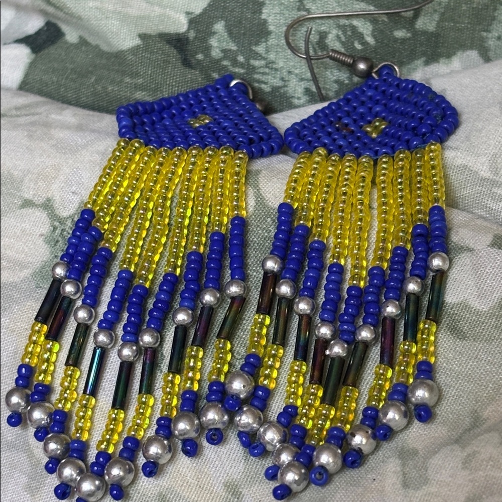 Unbranded Boho Bohemian Artsy Blue Yellow Dangle Beaded Fringe Earrings Women’s